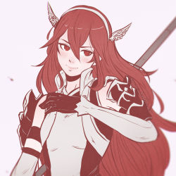 Rule 34 | 1girl, arm up, armband, armor, armpits, caeldori (fire emblem), closed mouth, detached sleeves, fire emblem, fire emblem fates, gloves, hair between eyes, hairband, head tilt, head wings, holding, holding staff, japanese clothes, kimono, koyorin, limited palette, lips, long hair, long sleeves, looking at viewer, nintendo, pink background, red eyes, red hair, red theme, shoulder pads, simple background, sleeveless, sleeveless kimono, solo, staff, wings