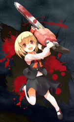 Rule 34 | 1 mutsuki, 1girl, :d, blonde hair, blood, blood splatter, blush, chainsaw, female focus, hair ribbon, holding, looking at viewer, open mouth, red eyes, ribbon, rumia, smile, solo, thighhighs, touhou, white thighhighs