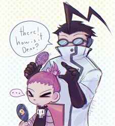 Rule 34 | 1boy, 1girl, alternate costume, black skirt, bow, chair, covered mouth, dress, gazlene membrane, goggles, holding, holding brush, invader zim, lab coat, linterteatime, mirror, professor membrane, shirt, short hair, short sleeves, skirt