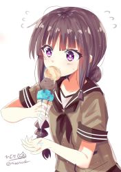 1girl black_hair blunt_bangs blush braid breasts brown_sailor_collar brown_shirt brown_skirt food hair_between_eyes hair_ribbon highres hizaka holding ice_cream ice_cream_cone kantai_collection kitakami_(kancolle) long_hair melting neckerchief one-hour_drawing_challenge ribbon sailor_collar school_uniform serafuku shirt short_sleeves sidelocks simple_background single_braid skirt solo tress_ribbon twitter_username white_background