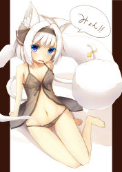 Rule 34 | !, !!, 1girl, alternate costume, animal ears, arm support, babydoll, bad id, bad pixiv id, bare legs, barefoot, bell, black bow, black panties, black ribbon, blue eyes, bow, bow panties, breasts, cat ears, cat tail, eyebrows, fang, full body, gluteal fold, hair intakes, hair ornament, hairband, highres, hitodama, if (asita), kemonomimi mode, konpaku youmu, konpaku youmu (ghost), looking at viewer, navel, open mouth, panties, pillarboxed, ribbon, see-through, short hair, sitting, sleeveless, small breasts, solo, speech bubble, stomach, tail, tail bell, tail ornament, tatapopo, tears, touhou, underwear, white background