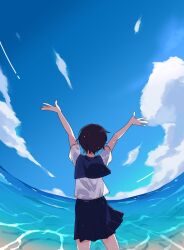 Rule 34 | 1girl, arms up, brown hair, cowboy shot, day, from above, from behind, highres, ocean, original, outdoors, pleated skirt, school uniform, serafuku, short hair, short sleeves, skirt, sky, solo, tomo p, water, wet, wet clothes