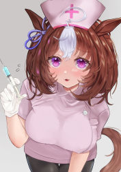 Rule 34 | 1girl, @ @, ahoge, alternate costume, animal ears, black pantyhose, blue ribbon, bow, breasts, brown hair, cowboy shot, ear ribbon, flying sweatdrops, gloves, grey background, hat, highres, holding, holding syringe, horei tsuna, horse ears, horse girl, horse tail, large breasts, leaning forward, looking at viewer, medium hair, meisho doto (umamusume), multicolored hair, nurse, nurse cap, pantyhose, parted lips, purple eyes, ribbon, simple background, smile, solo, streaked hair, syringe, tail, thigh gap, two-tone hair, umamusume, white gloves, white hair