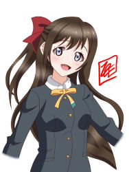 Rule 34 | 1girl, aqua eyes, artist name, artist request, black cardigan, black jacket, blue eyes, blush, bow, breasts, brown hair, buttons, cardigan, collared shirt, female focus, floating hair, hair between eyes, hair bow, highres, jacket, long hair, long sleeves, looking at viewer, love live!, love live! nijigasaki high school idol club, nijigasaki school uniform, osaka shizuku, outstretched arms, parted lips, ponytail, red bow, ribbon, school uniform, shirt, small breasts, smile, solo, upper body, wavy hair, white background, white shirt, yellow buttons, yellow neckwear, yellow ribbon