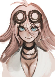 Rule 34 | 1girl, antenna hair, barbed wire, blonde hair, blue eyes, breasts, choker, cleavage, danganronpa (series), danganronpa v3: killing harmony, goggles, goggles on head, hair between eyes, iruma miu, large breasts, long hair, looking at viewer, nyuukazai, signature, simple background, smile, solo, upper body, white background