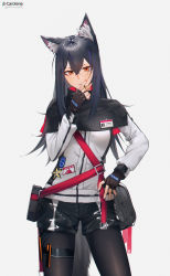 Rule 34 | 1girl, absurdres, animal ear fluff, animal ears, arknights, black capelet, black gloves, black hair, black shorts, capelet, character name, ear piercing, fingerless gloves, food, gloves, highres, id card, jacket, lufi ays, pantyhose, penguin logistics logo, piercing, pocky, red eyes, shorts, solo, tail, texas (arknights), thigh strap, watermark, white background, white jacket, wolf ears, wolf girl, wolf tail