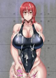 Rule 34 | 1boy, 1girl, absurdres, alternate breast size, black one-piece swimsuit, braid, breasts, brown eyes, cameltoe, censored, chainsaw man, cleft of venus, covered navel, cum, cum on body, cum on breasts, cum on upper body, curvy, erection, facial, game cg, handjob, heavy breathing, hetero, highleg, highleg swimsuit, highres, huge breasts, long hair, looking at another, looking at viewer, makima (chainsaw man), masturbation, one-piece swimsuit, penis, puripuri jet, red hair, shiny clothes, shiny skin, single braid, standing, steaming body, swimsuit, thick thighs, thighs, veins, veiny penis, very long hair, wall, wide hips