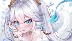 Rule 34 | 1girl, animal ears, azusa (986543982), blue eyes, blue nails, blush, breasts, cleavage, collar, commentary, dragon girl, dragon horns, dragon tail, earrings, english commentary, fang, frilled collar, frills, grey hair, highres, horns, jewelry, long hair, looking at viewer, nail polish, open mouth, ponytail, single earring, skin fang, tail, vei (vtuber), vei (vtuber) (sky empress), virtual youtuber, vshojo