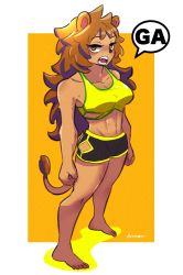 Rule 34 | 1girl, amazu (kurozu), animal ears, bare arms, bare shoulders, black shorts, breasts, brown eyes, brown hair, cleavage, collarbone, colored shadow, fang, full body, highres, lion ears, lion girl, lion tail, long hair, looking at viewer, lower teeth only, medium breasts, navel, open mouth, orange background, original, shadow, short shorts, shorts, signature, solo, speech bubble, standing, tail, teeth, two-tone background, upper teeth only, very long hair, white background