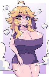 Rule 34 | 1girl, blonde hair, blue eyes, blush, borrowed character, breasts, bright pupils, cleavage, commission, cowboy shot, daigada, gradient background, gwendolyn (cliffpadfoot), heart, heart-shaped pupils, heterochromia, highres, huge breasts, long hair, mole, mole under eye, naked towel, original, purple background, purple towel, red eyes, skindentation, smile, solo, steam, symbol-shaped pupils, thighs, towel, white pupils