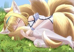 Rule 34 | 1girl, ^ ^, animal ears, arknights, bare shoulders, blonde hair, blue sky, blush, braid, braided hair rings, closed eyes, closed mouth, commentary request, day, fox ears, fox girl, fox tail, hair between eyes, hair rings, hugging own tail, hugging tail, kitsune, lying, no shoes, on grass, on side, outdoors, pantyhose, shirt, sky, solo, suzuran (arknights), tail, white pantyhose, white shirt, xiang yang zhi zhangyu ge