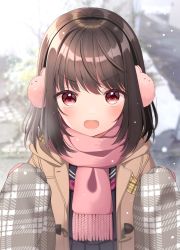 Rule 34 | 1girl, animal earmuffs, black sailor collar, black serafuku, black shirt, black skirt, blurry, blurry background, brown coat, brown hair, brown scarf, coat, commentary request, depth of field, fringe trim, highres, hood, hood down, hooded coat, looking at viewer, open clothes, open coat, open mouth, original, pink scarf, plaid, plaid scarf, pleated skirt, red eyes, sailor collar, scarf, school uniform, serafuku, shirt, skirt, solo, uramakaron, v-shaped eyebrows