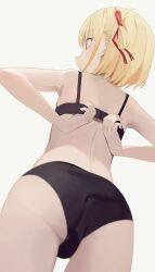 Rule 34 | 1girl, arms behind back, ass, black bra, black panties, blonde hair, bra, closed mouth, commentary request, cowboy shot, from behind, hair ribbon, highres, hiroki (yyqw7151), lycoris recoil, nishikigi chisato, panties, red eyes, red ribbon, ribbon, short hair, simple background, solo, underwear, underwear only, white background