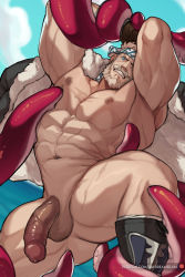 Rule 34 | 1boy, abs, bara, bare pectorals, beard, bound, bound arms, bound legs, facial hair, flaccid, granblue fantasy, headband, imminent anal, imminent penetration, jacket, jacket on shoulders, jimsdaydreams, large pectorals, male focus, mature male, muscular, muscular male, mustache, navel, nipples, no pants, old, old man, pectorals, penis, scar, scar on chest, short hair, solo, soriz, spread legs, stomach, tentacles, tentacles, tentacles on male, thick thighs, thighs, uncensored, veins, veiny penis