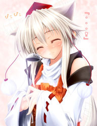 Rule 34 | 1girl, alternate hairstyle, animal ears, bare shoulders, blush, closed eyes, detached sleeves, female focus, gizensha, gradient background, hat, head tilt, inubashiri momiji, ladle, light smile, long hair, silver hair, solo, tail, tokin hat, touhou, wolf ears, wolf tail