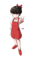 Rule 34 | 1girl, black eyes, blush, bow, bowl cut, hair bow, highres, kiko-chan smile, korean commentary, looking at viewer, ninomiya kiko, overalls, pabenia, red bow, red footwear, red overalls, shirt, short hair, simple background, socks, solo, v, white background, white shirt, white socks