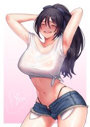 Rule 34 | 1girl, absurdres, armpits, arms up, bare arms, bare shoulders, black hair, blue bow, bow, braces, breasts, commentary request, cowboy shot, crop top, denim, denim shorts, gaothun, gradient background, grin, hair between eyes, hair bow, highres, large breasts, midriff, navel, open fly, original, panties, pink background, pink panties, ponytail, shirt, short shorts, shorts, smile, solo, standing, stomach, thighs, tied shirt, underwear, white shirt