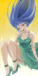 Rule 34 | 1girl, absurdres, anklet, ass, blue eyes, blue hair, blush, boku no hero academia, breasts, cleavage, collarbone, dress, fengling (furin-jp), gala dress, hadou nejire, hair up, head tilt, high heels, highres, jewelry, jumping, knees, large breasts, legs, long hair, looking at viewer, simple background, solo, yellow background