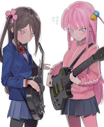 Rule 34 | 2girls, absurdres, blue eyes, bocchi the rock!, bow, bowtie, brown hair, closed mouth, collared shirt, crossover, cube hair ornament, electric guitar, flower, gibson les paul, gotoh hitori, grey skirt, guitar, hair between eyes, hair flower, hair ornament, hair over eyes, highres, hitori bocchi, hitoribocchi no marumaru seikatsu, holding, holding instrument, instrument, jacket, long hair, looking at viewer, multiple girls, one side up, pants, pants under skirt, pink hair, pink jacket, pink pants, pleated skirt, saaal653, school uniform, shirt, shy, simple background, skirt, standing, track jacket, track pants, trait connection, white background