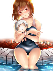 Rule 34 | 1girl, ame (memory a), bare arms, bare shoulders, blush, breasts, brown eyes, brown hair, collarbone, commentary request, competition swimsuit, head tilt, highres, hug, looking at viewer, medium breasts, one-piece swimsuit, original, pool, poolside, school swimsuit, short hair, sitting, soaking feet, stuffed toy, swimsuit, water, wet