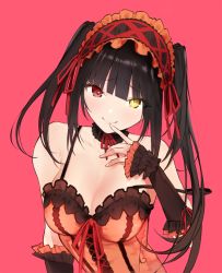 Rule 34 | 1girl, arm at side, bare shoulders, black hair, blunt bangs, blush, breasts, bustier, cleavage, clock eyes, closed mouth, collarbone, commentary request, cross-laced clothes, date a live, detached sleeves, fingernails, frilled hairband, frilled sleeves, frills, gothic lolita, hair ribbon, hairband, head tilt, heterochromia, large breasts, lolita fashion, lolita hairband, long hair, looking at viewer, neck garter, neck ribbon, red eyes, red ribbon, remora180, ribbon, short sleeves, smile, solo, strap slip, symbol-shaped pupils, tokisaki kurumi, twintails, underwear, upper body, yellow eyes