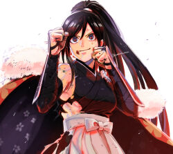 Rule 34 | 1girl, akashi kuniyuki (tenka hyakken), armor, artist name, bare shoulders, black hair, bridal gauntlets, bruise, bruise on face, clenched hands, closed mouth, coat, commentary, determined, fist fight, floral print, fur trim, high ponytail, highres, injury, japanese armor, japanese clothes, kote, long hair, looking ahead, purple eyes, sash, smile, solo, tenka hyakken, torn clothes, ueshita sayusayu, v-shaped eyebrows, white background, white sash