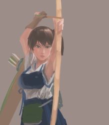 Rule 34 | 10s, 1girl, arrow (projectile), bow (weapon), brown eyes, brown hair, drawing bow, flight deck, gloves, holding, holding bow (weapon), holding weapon, kaga (kancolle), kantai collection, muneate, murasaki-sin, partially fingerless gloves, partly fingerless gloves, quiver, side ponytail, single glove, sketch, solo, weapon, yugake