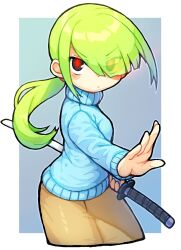 Rule 34 | 1girl, bachera, blue sweater, blush, brown eyes, brown skirt, closed mouth, commentary request, cropped legs, green hair, grey background, hair over one eye, highres, holding, holding sheath, katana, long hair, long sleeves, looking at viewer, original, red pupils, sheath, sheathed, skirt, solo, sweater, sword, turtleneck, turtleneck sweater, two-tone background, very long hair, weapon, white background