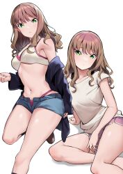 Rule 34 | 1girl, arm support, black socks, blue shorts, blush, bra, breasts, brown hair, closed mouth, collarbone, feet out of frame, foot out of frame, green eyes, gridman universe, highleg, highleg panties, highres, legs, long hair, looking at viewer, lying, medium breasts, minami yume, multiple views, navel, off shoulder, on side, panties, pink bra, pink shorts, shadow, shirt, short shorts, short sleeves, shorts, sidelocks, simple background, socks, ssss.dynazenon, standing, standing on one leg, swept bangs, thighs, totoki86, two-tone bra, unbuttoned, underwear, white background, white bra, white shirt