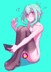 Rule 34 | 1boy, :&lt;, ?, absurdres, androgynous, black thighhighs, censored, earbuds, earphones, green background, green hair, green nails, hair intakes, hej (mugmnm51), highres, holding, holding earphones, holding phone, knees to chest, male focus, nude, on ground, otori-tan, phone, red eyes, seitokai nimo anawa aru!, shaking head, simple background, sitting, solo, thighhighs, trap