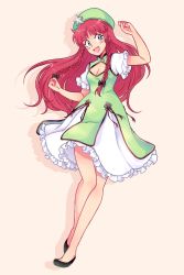 Rule 34 | 1girl, blue eyes, blush stickers, braid, china dress, chinese clothes, cleavage cutout, clothing cutout, dreamysuite, dress, green dress, highres, hong meiling, long hair, official alternate costume, red hair, skirt, touhou, twin braids, white skirt