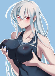 Rule 34 | 1girl, alternate costume, arknights, blue background, blue nails, blue one-piece swimsuit, blush, breasts, bust cup, chinese commentary, closed mouth, collarbone, covered erect nipples, deep skin, embarrassed, frown, grabbing own breast, hair between eyes, heart, highres, inverted nipples, large breasts, long hair, looking at viewer, nail polish, one-piece swimsuit, outline, red eyes, school swimsuit, see-through, silver hair, simple background, skadi (arknights), solo, swimsuit, tareme, upper body, water, wet, wet clothes, wet swimsuit, yonghu 20251