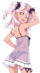Rule 34 | 1girl, ;d, arm up, ass, black panties, chloe von einzbern, cowboy shot, dark-skinned female, dark skin, fang, fate/kaleid liner prisma illya, fate (series), flat chest, from behind, hair ornament, hair scrunchie, hand in own hair, hand on own hip, leg ribbon, lingerie, long hair, looking at viewer, negligee, one eye closed, one side up, open mouth, orange eyes, panties, pink hair, ribbon, saipaco, scrunchie, see-through, simple background, smile, solo, strap slip, thigh ribbon, underwear, white background, wrist scrunchie