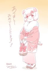 Rule 34 | 10s, 1girl, adapted costume, animal ears, basket, blush, bow, full body, fur collar, gloves, gradient background, gradient hair, japanese clothes, kemono friends, kimono, mitsumoto jouji, multicolored hair, orange background, pig (kemono friends), pig ears, pig nose, pig tail, pink background, pink hair, short hair, smile, solo, tail, translation request, white gloves
