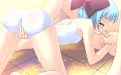 Rule 34 | 1boy, 1girl, aqua hair, ass, bad anatomy, bathroom, blue eyes, blue hair, blush, breasts, censored, closed eyes, clothed sex, deepthroat, face, face down, fellatio, fingering, game cg, hair ornament, hair ribbon, handjob, hetero, licking, masturbation, mixed-sex bathing, mosaic censoring, mutual masturbation, one-piece swimsuit, open mouth, oral, penis, penis awe, prism magical, ribbon, rubbing, sex, shared bathing, short hair, small breasts, solo focus, sweat, swimsuit, tanihara natsuki, thighs, wachi yuri, wet, white one-piece swimsuit