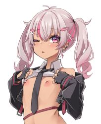 Rule 34 | 1girl, ;p, blush, clothes lift, dark-skinned female, dark skin, flat chest, grey hair, hair ornament, hairclip, jacket, large areolae, lifting own clothes, looking at viewer, matsukai mao, multicolored hair, necktie, nijisanji, nipples, one eye closed, open clothes, open jacket, pink eyes, pink hair, puffy nipples, shirt lift, simple background, single bare shoulder, solo, streaked hair, tateumi ken, tongue, tongue out, twintails, two-tone hair, upper body, virtual youtuber, white background