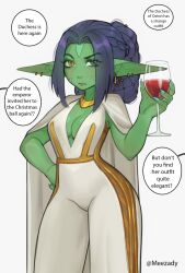 Rule 34 | 1girl, alcohol, amelia (roxxxan), blue nails, breasts, closed mouth, colored skin, cup, dress, drinking glass, earrings, english text, facial mark, female goblin, fewer digits, fingernails, frown, goblin, green skin, hand on own hip, highres, holding, holding cup, jewelry, long pointy ears, looking at viewer, medium breasts, nail polish, necklace, no bra, orange eyes, original, plunging neckline, pointy ears, purple eyes, purple hair, roxxxan, simple background, solo, twitter username, white background, white dress, wine, wine glass