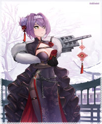 Rule 34 | 1girl, architecture, azur lane, black gloves, breasts, building, cannon, china dress, chinese clothes, clothing cutout, crossed legs, dress, east asian architecture, feather boa, folded ponytail, gloucester (azur lane), gloucester (brilliance in purple) (azur lane), gloves, hair between eyes, hairband, highres, holding, holding paper, lace-trimmed hairband, lace trim, marik bentusi, medium breasts, official alternate costume, outdoors, pantyhose, paper, shrug (clothing), side slit, snowing, solo, standing, thighband pantyhose, turret, watson cross, yellow eyes