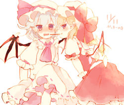 Rule 34 | 2girls, ascot, bat wings, blonde hair, blue hair, blush, bow, crystal, flandre scarlet, frilled shirt collar, frilled skirt, frilled sleeves, frills, hat, hat ribbon, mob cap, multiple girls, one side up, puffy short sleeves, puffy sleeves, purple ascot, red bow, red eyes, red ribbon, red skirt, red vest, remilia scarlet, ribbon, ribbon trim, shirt, short hair, short sleeves, siblings, sisters, skirt, sorani (kaeru0768), touhou, vest, white background, white shirt, wings, wrist cuffs