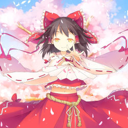 Rule 34 | 1girl, ascot, black hair, blonde hair, bow, brown hair, cherry blossoms, detached sleeves, female focus, folding fan, foreshortening, fred04142, hair bow, hair tubes, hakurei reimu, hand fan, japanese clothes, looking at viewer, midriff, miko, navel, outstretched hand, paper fan, petals, rope, skirt, smile, solo, touhou, tree, wide sleeves, wind, wind lift, yellow eyes