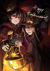 Rule 34 | 1boy, 1girl, absurdres, black hair, brother and sister, cape, chisato (surastike), cowboy shot, crest, demon wings, family crest, fate/grand order, fate (series), gloves, hair between eyes, halloween, hat, highres, long hair, long sleeves, looking at viewer, medallion, military hat, oda nobukatsu (fate), oda nobunaga (fate), oda uri, parted lips, peaked cap, pumpkin, red cape, red eyes, siblings, sidelocks, smirk, trap, white gloves, wings
