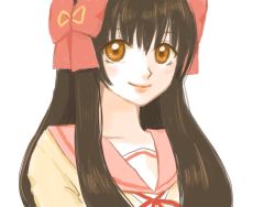 Rule 34 | 1girl, bow, brown eyes, brown hair, closed mouth, female focus, hair bow, long hair, looking at viewer, minamoto chikaru, red bow, risapoix, school uniform, serafuku, simple background, smile, solo, strawberry panic!, upper body, white background