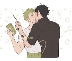 2boys black_hair black_shirt blush box crab cropped_torso dog earrings facial_hair food goatee green_hair hand_tattoo holding holding_box holding_food holding_pocky jewelry kiss looking_at_another male_focus multiple_boys one_piece pocky rami_rz roronoa_zoro shirt short_hair tattoo trafalgar_law white_background white_shirt yaoi