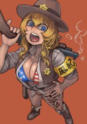 Rule 34 | 1girl, absurdres, american flag bikini, bikini, blonde hair, blue eyes, boots, breasts, brown background, brown footwear, brown hat, brown vest, chanta (ayatakaoisii), cleavage, collared shirt, flag print, full body, grey shirt, gun, hand on own hip, hat, highres, holding, holding gun, holding weapon, large breasts, long hair, looking at viewer, navel, open mouth, original, shirt, simple background, smoke, solo, standing, swimsuit, tied shirt, vest, weapon
