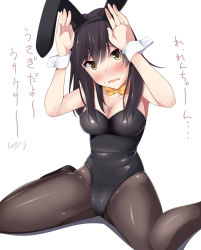 Rule 34 | 1girl, animal ears, bad id, bad pixiv id, bare shoulders, black hair, black pantyhose, blush, bow, bowtie, breasts, brown eyes, cleavage, fake animal ears, hairband, hands up, highres, ichijou hotaru, leotard, long hair, looking at viewer, nksk, non non biyori, open mouth, pantyhose, playboy bunny, rabbit ears, solo, sweat, white background, wrist cuffs