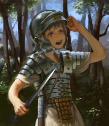 Rule 34 | 1girl, absurdres, ancient greek clothes, armor, breastplate, chiton, cowboy shot, day, forest, gladius, greco-roman clothes, grey hair, hand up, highres, holding, holding sword, holding weapon, legionnaire, nature, open mouth, original, outdoors, pauldrons, plate armor, purple eyes, roman clothes, roman empire, scabbard, sheath, shoulder armor, solo, standing, sword, toga, tree, treeware, unsheathed, weapon