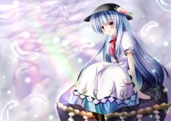 Rule 34 | 1girl, apron, bad id, bad pixiv id, blue hair, boots, bow, cloud, dress, feathers, female focus, floating, food, fruit, hat, hinanawi tenshi, keystone, long hair, open mouth, peach, red eyes, sakura romu, sitting, solo, touhou, very long hair