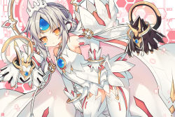 Rule 34 | 1girl, ao jun, bare shoulders, blush, breasts, brown eyes, closed mouth, code: esencia (elsword), dress, dutch angle, elbow gloves, elsword, eve (elsword), garter straps, gloves, hair bun, hand on own hip, leaning forward, long hair, looking at viewer, sidelocks, silver hair, single hair bun, sleeveless, sleeveless dress, small breasts, solo, thighhighs, tiara, white dress, white gloves, white thighhighs