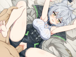 Rule 34 | 1boy, 1girl, animal ear fluff, animal ears, armpits, arms up, censored, chest jewel, clothed female nude male, clothed sex, covered erect nipples, crotchless, grey hair, highres, lying, messy hair, na&#039;el (xenoblade), nude, on back, on bed, penis, pussy, sex, spread legs, vaginal, xenoblade chronicles (series), xenoblade chronicles 3, xenoblade chronicles 3: future redeemed, yaomai, yellow eyes
