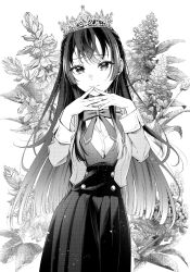 Rule 34 | 1girl, blazer, breasts, closed mouth, commentary request, cowboy shot, crown, floral background, flower, greyscale, hands up, highres, jacket, long hair, looking at viewer, monochrome, neck ribbon, official art, open clothes, open jacket, own hands together, pleated skirt, ribbon, salvia (flower), school uniform, shirt, skirt, smile, solo, suou yuki, tenacitysaho, tokidoki bosotto roshia-go de dereru tonari no arya-san, very long hair, vest